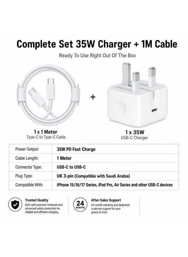 35W  Fast Charger Set For Apple, including 1-metre iPhone fast-charging cable (Type-C to Type-C), compatible with iPhone 17/16/15 Pro Max, Pro/Plus and all USB-C mobile phones/tablets. - Image 4