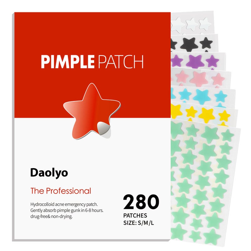 Daolyo Pimple Patches for Face, 3 Size 280 Counts Hydrocolloid Acne Patches, Cute Star Pimple Stickers with Salicylic Acid, Tea Tree Oil & Calendula Oil, for Covering Zits and Blemishes - Image 1