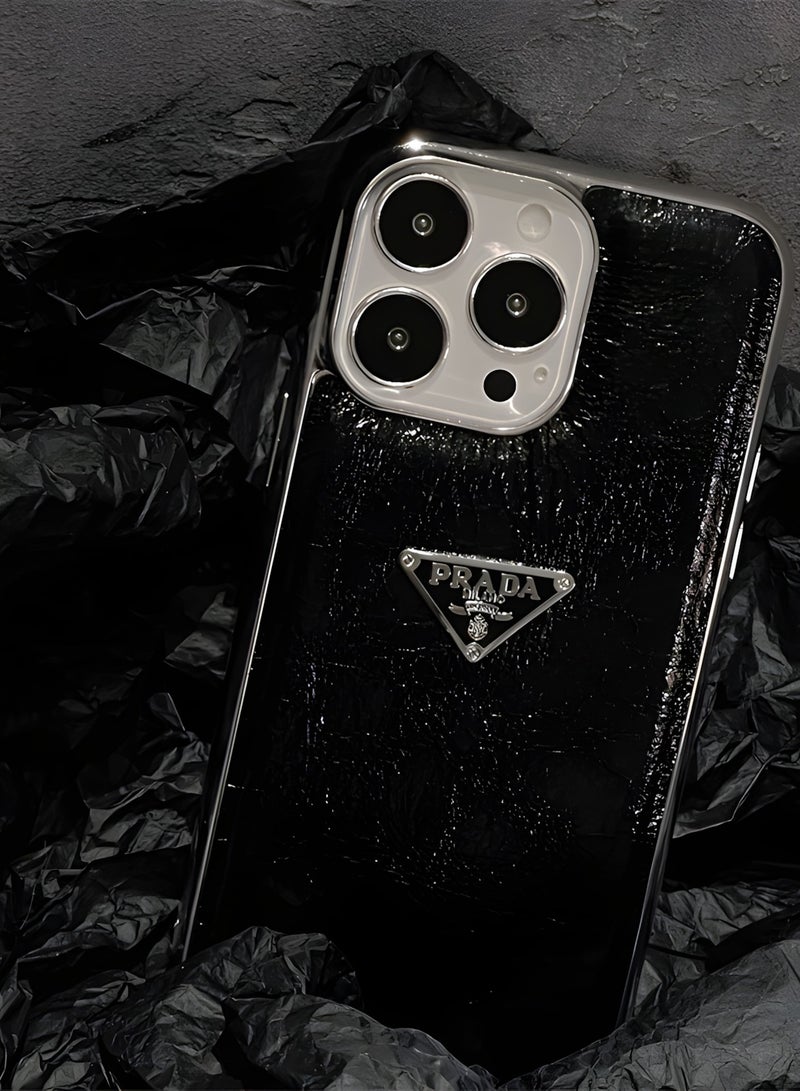 AL RAID Luxury Designer Style Phone Case for iPhone 14 Pro MAX Series – Glossy Black Hard Back Cover with Metal Logo, Shockproof Protective Case - Image 1