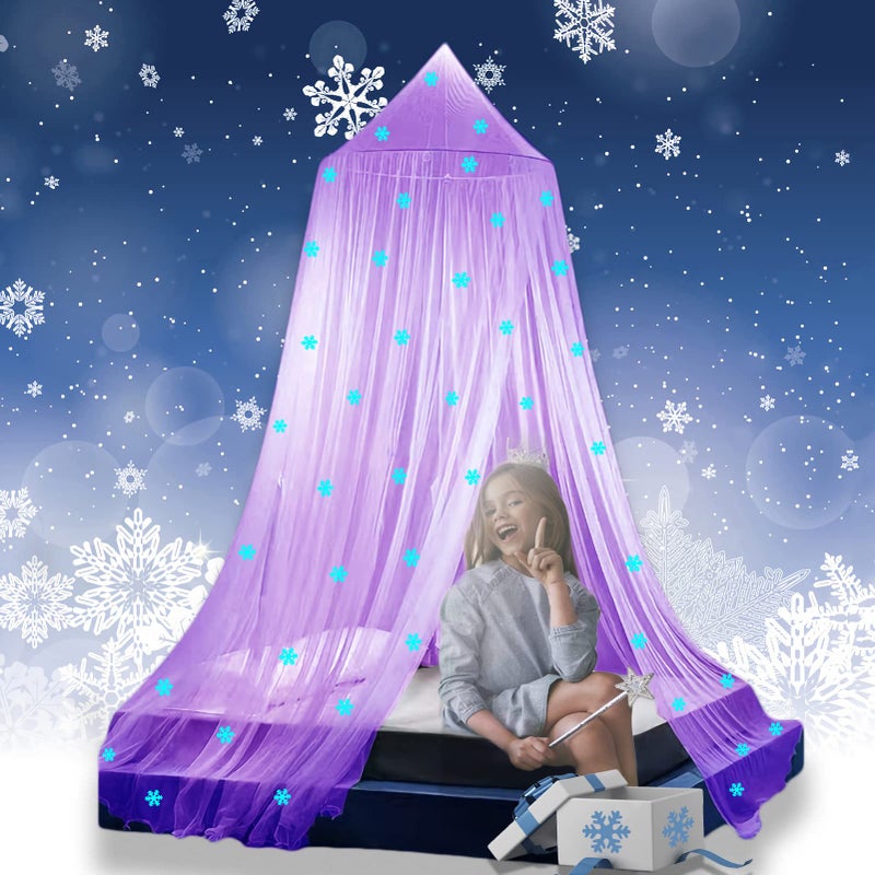 Eimilaly Princess Bed Canopy Glow in The Dark Christmas Snowflakes Bed Canopy for Girls Room Decor Encrypted Fabric Purple