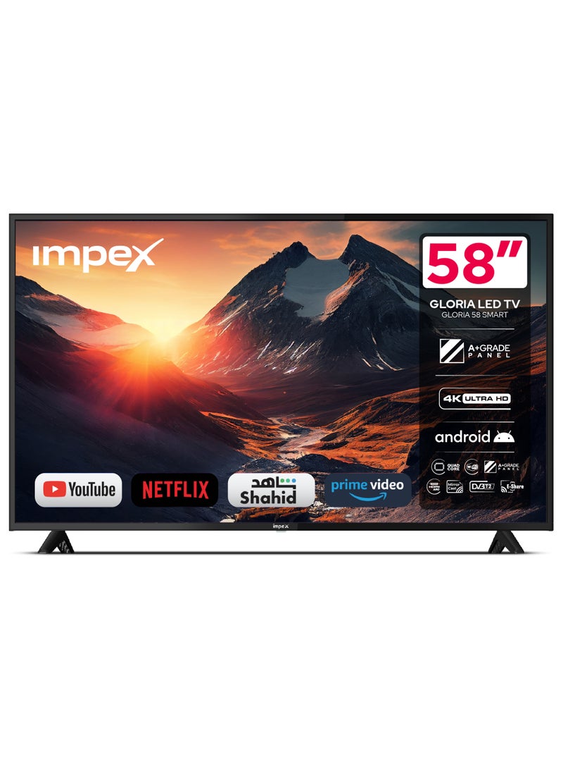 Impex 58 Inch 4K UHD Smart LED TV - Android, Quad Core, Frameless, A+ Panel, Wi-Fi, 3 HDMI, 2 USB, RJ45, DVB-T2, 3840x2160 Resolution, 176° Viewing Angle, Slim Design, 2 Year Warranty - Gloria 58 UHD Smart - Black GLORIA 58 UHD SMART Black - Image 2