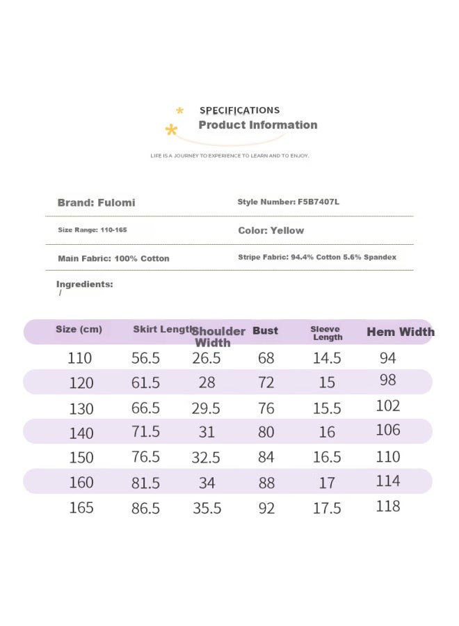 Fuluomi Girls' Summer Dress, Fashionable And Stylish, Fake Two-piece Dress, For Older Children, Striped T-shirt Dress, Yellow, Size 165