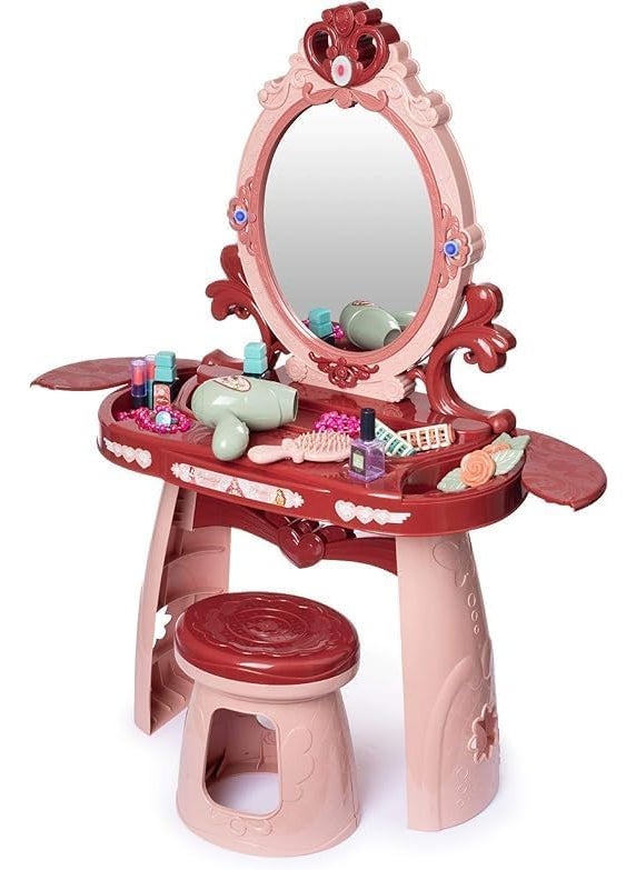 EXOMOON EXOMOON Mirror Makeup Table for Children Beauty Set Girls Pretend Cosmetic Box Makeup with Mirror Chair Set for Toddlers Kids Little Girls Pink Makeup Kits Toys 