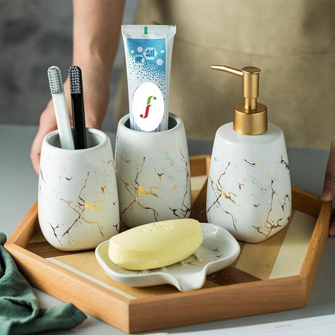 BATHROOM SET ACCESSORIES, ITALIAN MARBLE PATTERN WITH GOLD 4 PIECES BATHROOM ACCESSORY SETS INCLUDES SOAP/LOTION DISPENSER, 2 TUMBLERS/BRUSH HOLDER, 1 SOAP DISH/HOLDER