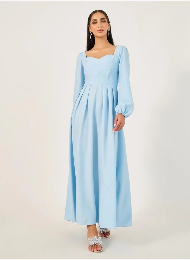 Styli Pleated Balloon Sleeves A-Line Maxi Dress