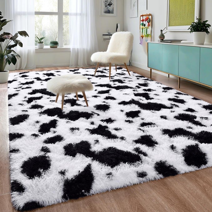 FLUFFY BLACK WHITE RUGS FOR BEDROOM LIVING ROOM 3X5 FEET SOFT PLUSH SHAGGY COW HIDE PRINT GIRLS BOYS KIDS RUG NONSLIP AND MACHINE WASHABLE CARPET FOR DORM NURSERY CLASSROOM DECOR