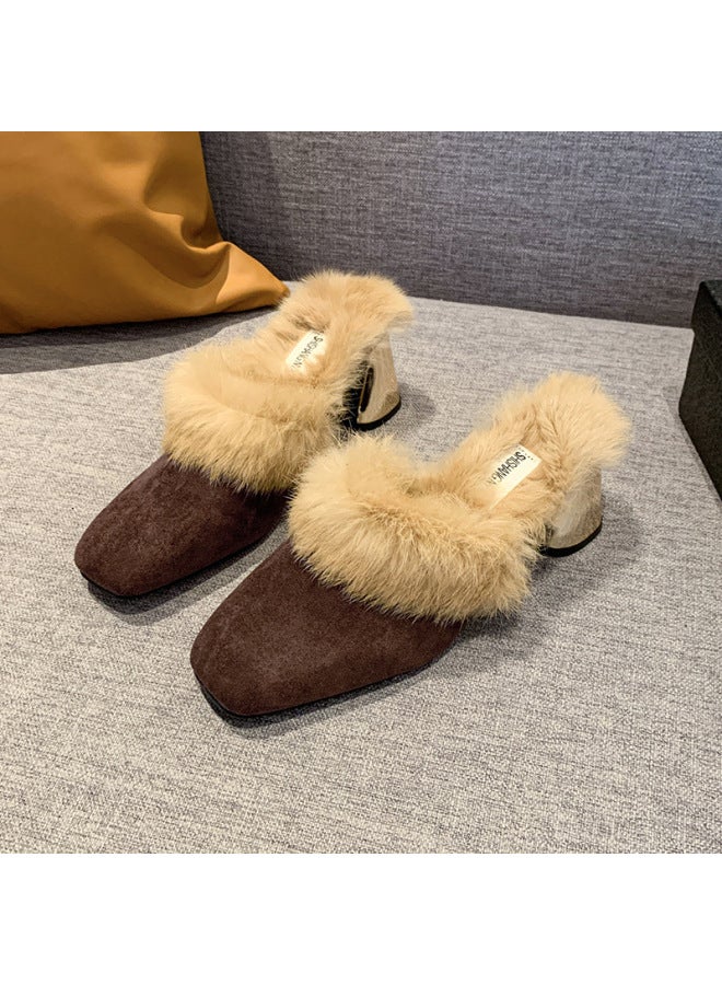 Furry Slippers For Women's Autumn And Winter Outer Wear  New Fashion Baotou High-heeled Slippers Thick Heel Large Size Fleece-lined Mule Shoes