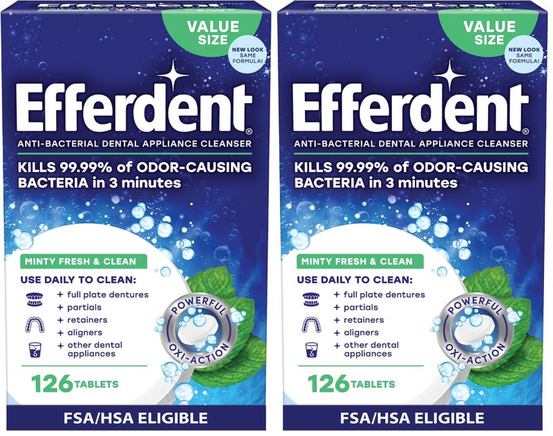 Efferdent Retainer Cleaning Tablets, Denture Cleaning Tablets for Dental Appliances, Minty Fresh & Clean, 126 Count (Pack of 2) - Image 1