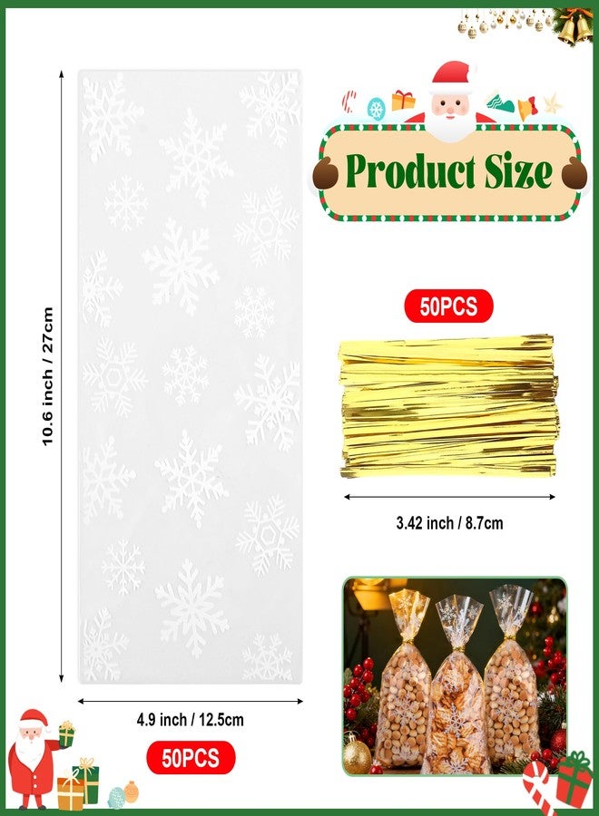 Nelisylux Christmas Cellophane Treat Bags, Christmas Candy bags, 50 Pcs Clear Snowflake Cellophane Gift bag with Ties, Cello Plastic Goodie Snack Cookie Bag for Xmas Winter Holiday Goody Party Favors Supplies - Image 3