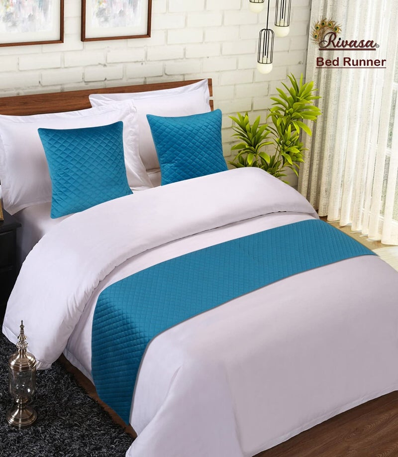 Rivasa Velvet ultrasonic Quilted Bed Runner (16X100 inch) with 2 Cushion Cover (16X16 inch) (Torquise) - Image 3