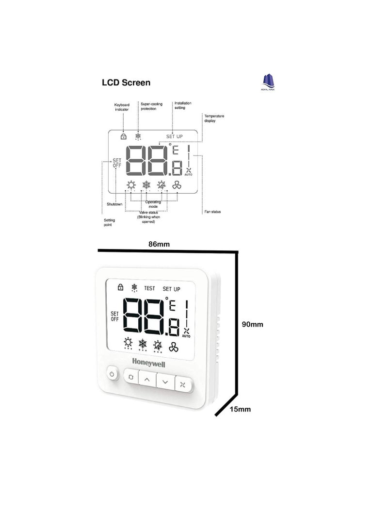 Honeywell - Honeywell Digital Thermostat WS8 Extra-large LCD White Back-light Display | 2 Pipe Heat/Cool With Manual or Automatic 3-Speed Fan Control | Suitable for Chiller/Compressor HVAC Sytem 230V AC - Image 1