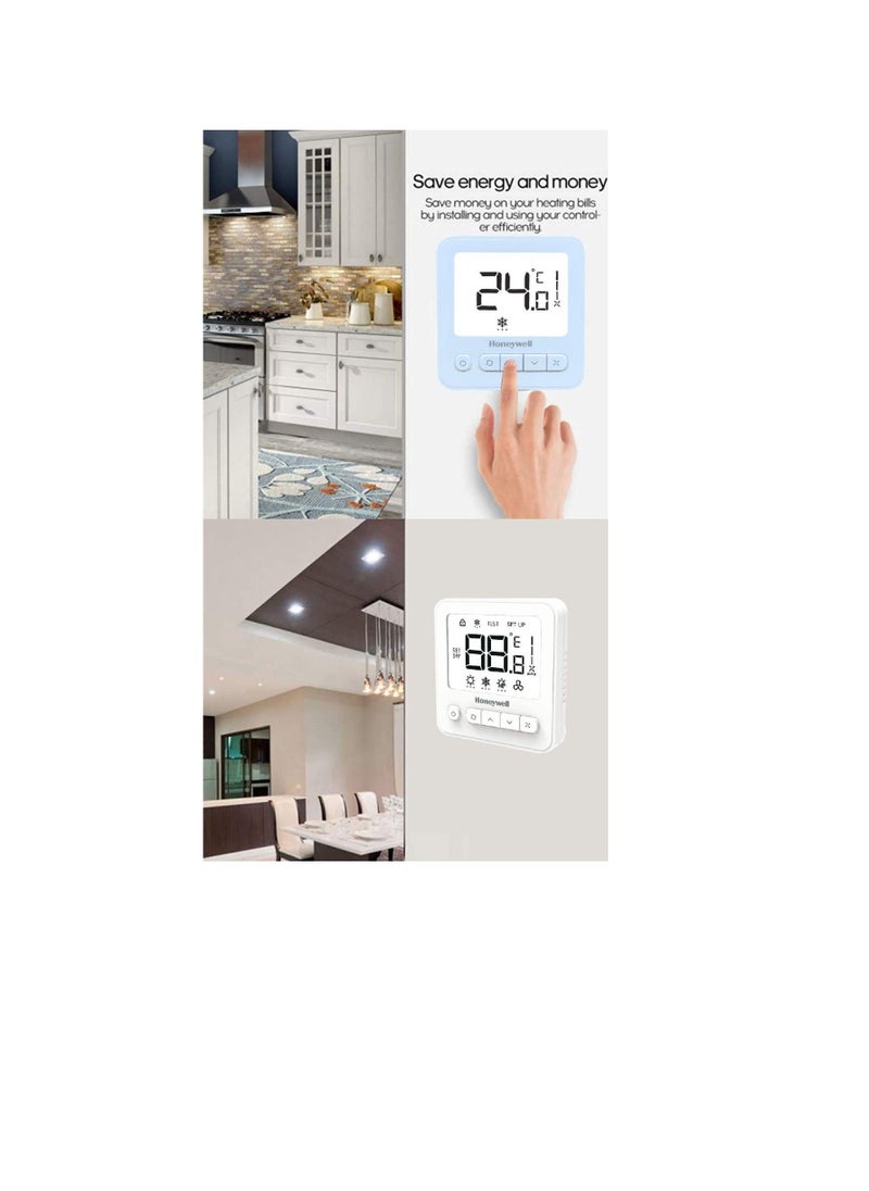 Honeywell - Honeywell Digital Thermostat WS8 Extra-large LCD White Back-light Display | 2 Pipe Heat/Cool With Manual or Automatic 3-Speed Fan Control | Suitable for Chiller/Compressor HVAC Sytem 230V AC - Image 1