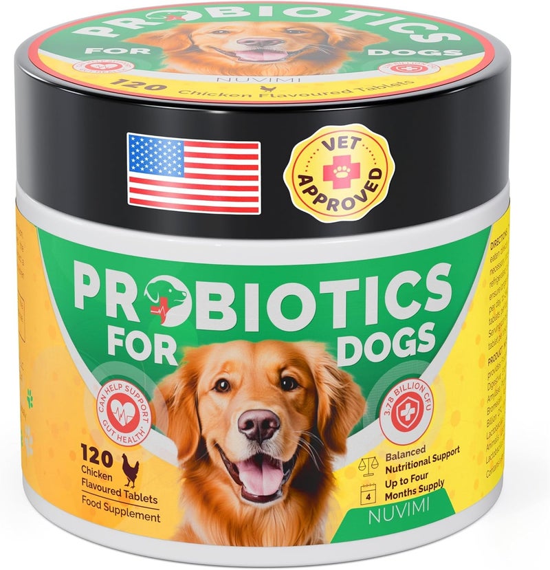 NUVIMI Probiotics for Dogs, 120 Chicken Flavor Dog Probiotic & Prebiotic Tablets, Immune Boost & Digestive Support for Upset Tummy, Loose Stools & Bloating, 1-4 Month Supply by - Image 1