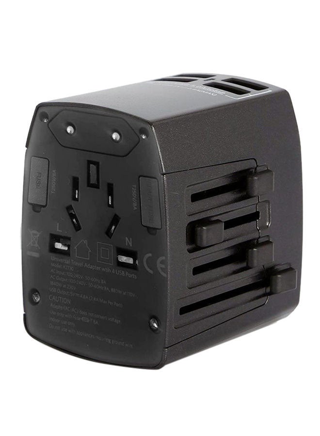 محول السفر العالمي مع 4 منافذ USB - أسود - Image 2