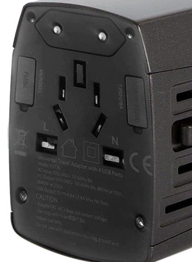 محول السفر العالمي مع 4 منافذ USB - أسود - Image 4