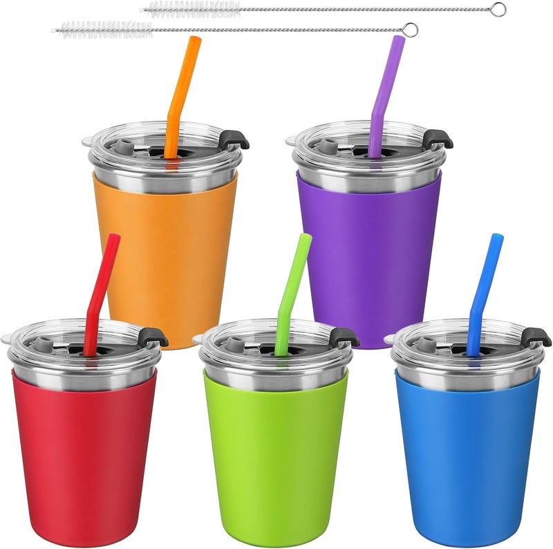 ShineMe 5Pack Kids Cups with Straws and Lids Spill Proof, 12oz Toddler Straw Cups with Colorful Silicone Sleeves, Unbreakable Stainless Steel Water Tumblers for Cold & Hot Drinks - Image 1