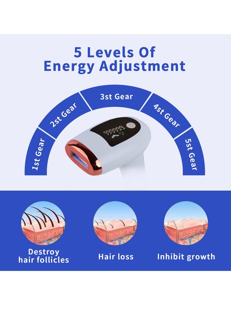 DUNISO إزالة الشعر بالليزر، جهاز إزالة الشعر الكهربائي المحمول، آلة إزالة الشعر بنقطة التجمد، جهاز إزالة الشعر IPL، ماكينة حلاقة الجسم بدون ألم للاستخدام المنزلي، 900000 ومضة، 5 مستويات طاقة، مع نظارات شمسية وماكينة حلاقة، مناسبة للوجه والجسم بالكامل - Image 5