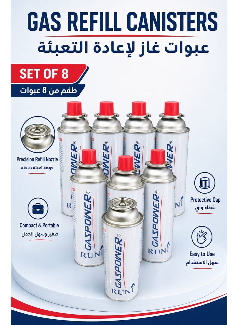 Gas Refill Canisters Made in Albania– Set of 8, Portable Refill Gas Cans with Precision Nozzle & Protective Caps