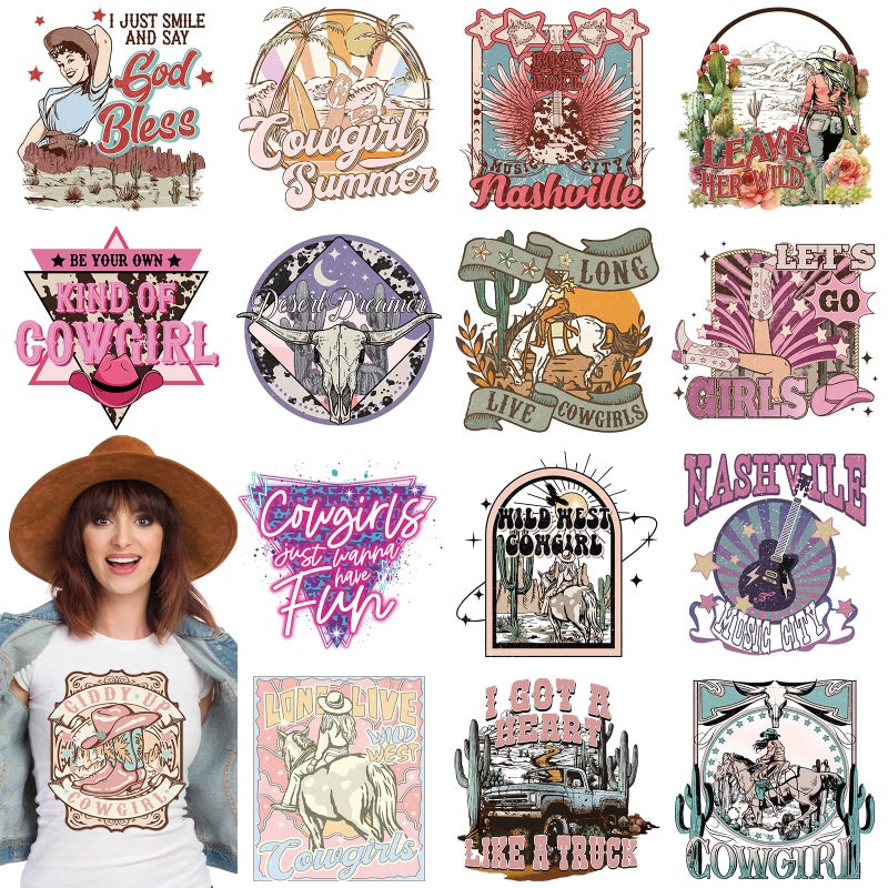 Dazoratix Western Cowgirl Transfer Stickers - 16 PCs Wild West Cow Girl Iron on Transfers Ready to Press Appliques Patches for Women T-Shirt Jeans Hat Jackets Clothing DIY Decals Clothes Decorations - Image 1