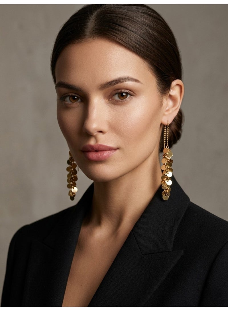 Julia Store 18K Gold Plated Stainless Steel Aesthetic Exquisite Luxury Elegant Dainty Cute Trendy Elegant Tassel Handmade Long Chain Dangle Coins Minimalist Pull Through Threader Earrings Jewelry for Women - Image 5