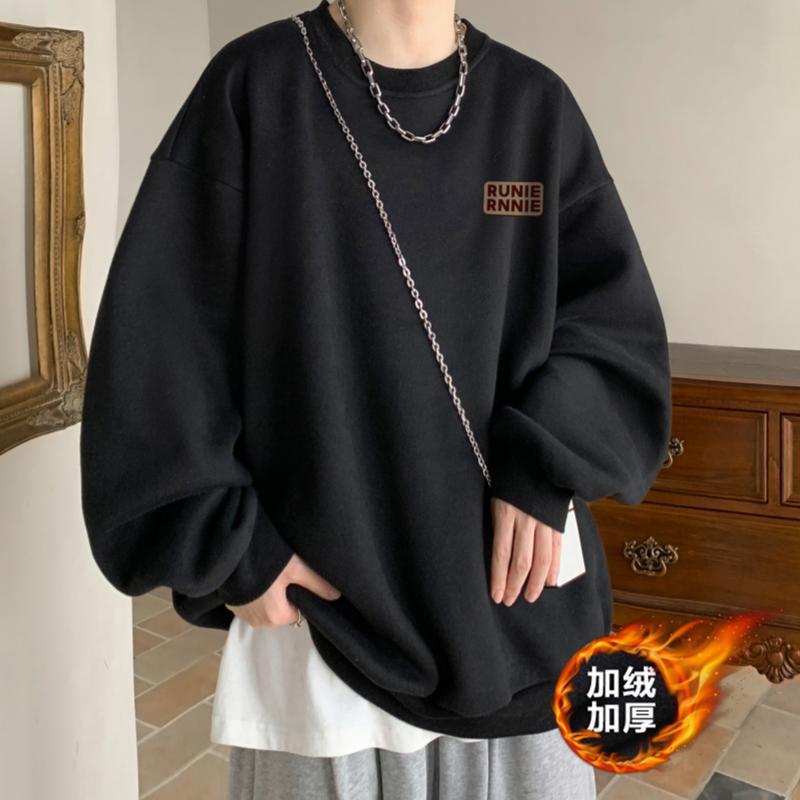 2024 Spring Autumn New Round Neck Pullover Sweatshirt Trendy Plus Size Mens Long Sleeve Autumn Jacket Loose Fit Black