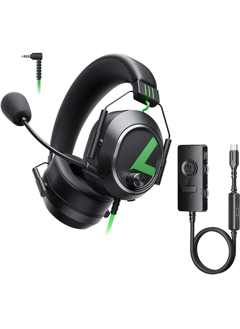 Plextone Plextone G810 gaming headset features a 3.5mm aux input, allowing connection to any audio device. It also features a DSP gaming sound card with a built-in Type-C port. Enhanced sound effects are available. It supports 27W fast charging via a Type-C port. Additionally, its ergonomic design ensures superior comfort during use. It fits all head sizes and provides optimal support for your head. It comes in black.  - Image 1