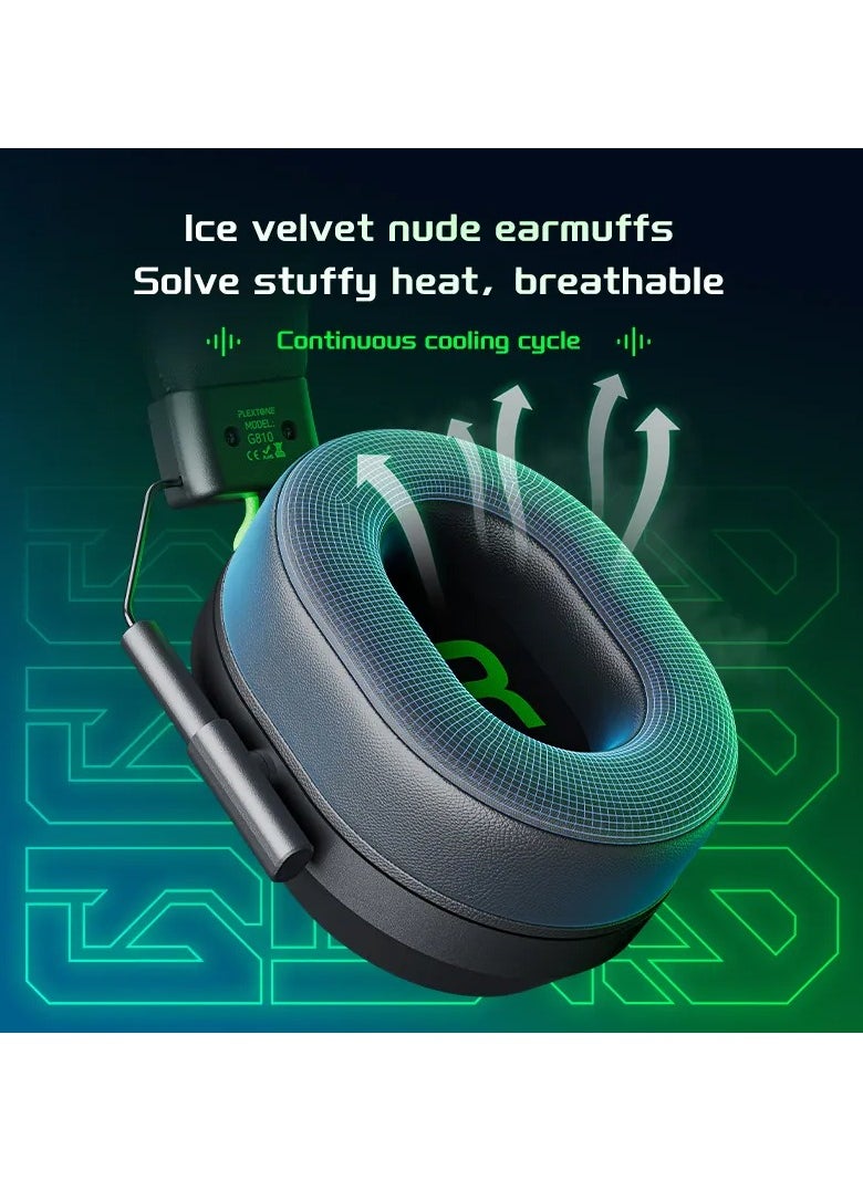 Plextone G810 gaming headset features a 3.5mm aux input, allowing connection to any audio device. It also features a DSP gaming sound card with a built-in Type-C port. Enhanced sound effects are available. It supports 27W fast charging via a Type-C port. Additionally, its ergonomic design ensures superior comfort during use. It fits all head sizes and provides optimal support for your head. It comes in black.