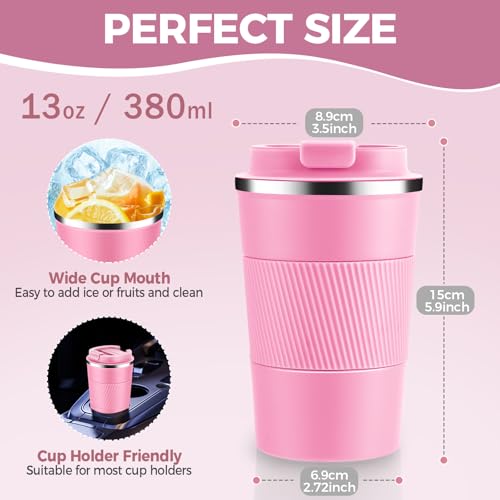 Volhoply 13 oz Stainless Steel Insulated Travel Coffee Mug with Fip LidReusable Double Wall Vacuum Metal Coffee CupPortable to Go Leak Proof Cafe Thermal Tumbler for Hot Cold DrinksPink1 - Image 3