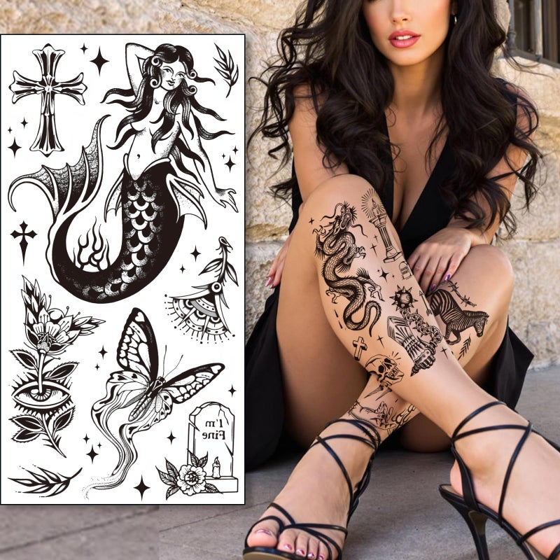 Tazimi 12 Sheets Large Black Old School Temporary Tattoos for Women Men& Adult, Traditional American Retro Styles Half Arm/DIY Free Combination Waterproof Classic Fake Tattoos Tattoo - Image 4