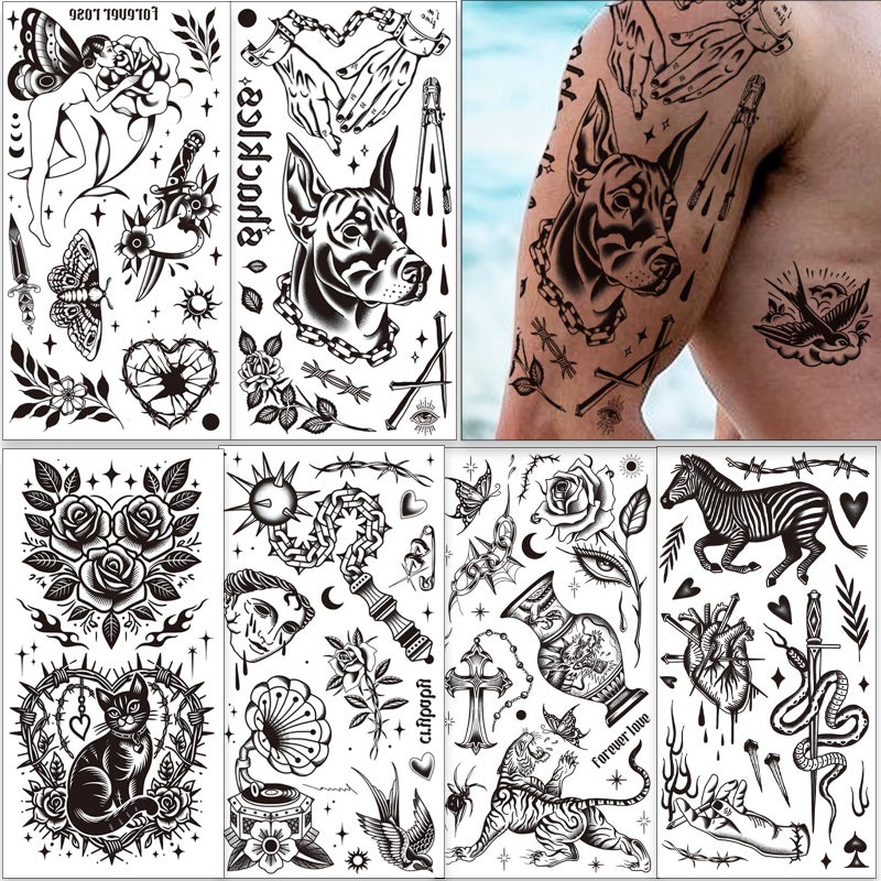 Tazimi 12 Sheets Large Black Old School Temporary Tattoos for Women Men& Adult, Traditional American Retro Styles Half Arm/DIY Free Combination Waterproof Classic Fake Tattoos Tattoo - Image 2