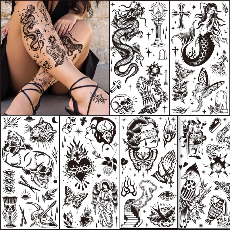 Tazimi 12 Sheets Large Black Old School Temporary Tattoos for Women Men& Adult, Traditional American Retro Styles Half Arm/DIY Free Combination Waterproof Classic Fake Tattoos Tattoo - Image 1