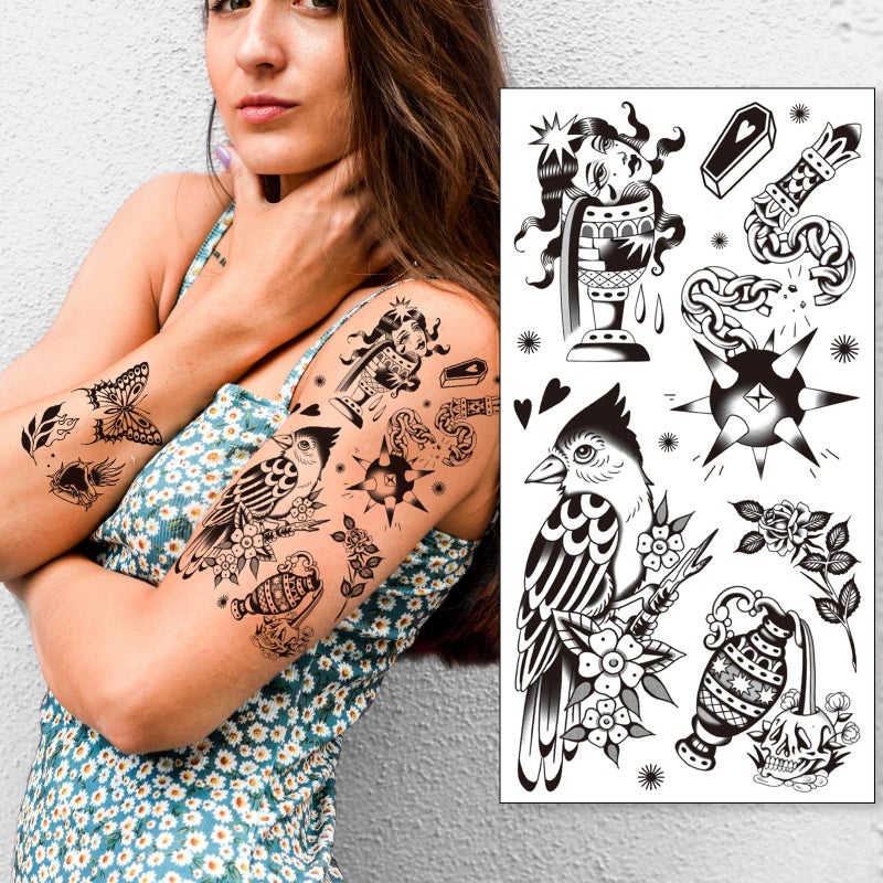 Tazimi 12 Sheets Large Black Old School Temporary Tattoos for Women Men& Adult, Traditional American Retro Styles Half Arm/DIY Free Combination Waterproof Classic Fake Tattoos Tattoo - Image 5