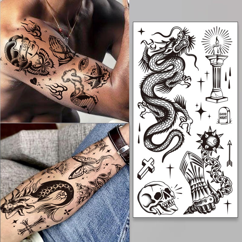 Tazimi 12 Sheets Large Black Old School Temporary Tattoos for Women Men& Adult, Traditional American Retro Styles Half Arm/DIY Free Combination Waterproof Classic Fake Tattoos Tattoo - Image 3