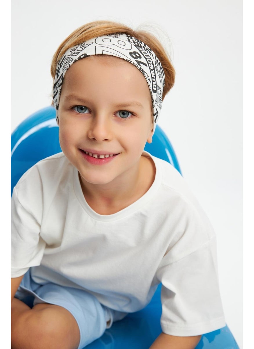 Babygiz White Patterned-White Boy's Cotton Combed Oversize White T-Shirt Bandana 2-Piece Set  - Image 2
