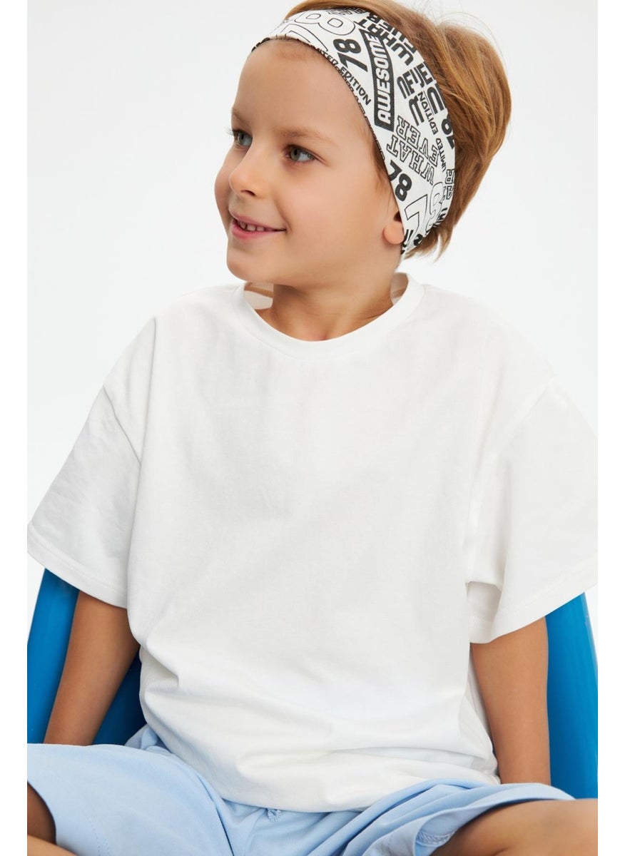 Babygiz White Patterned-White Boy's Cotton Combed Oversize White T-Shirt Bandana 2-Piece Set  - Image 1