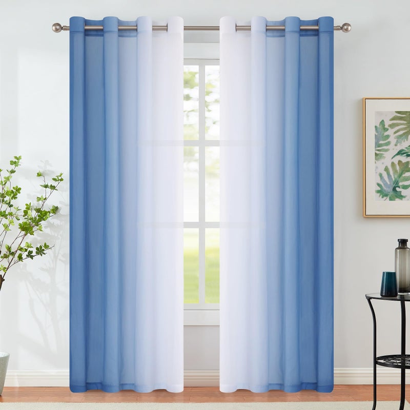 Purainbow Blue Ombre Chiffon Sheer Curtains 84 Inch Long for Living Room Bedroom Decor, Crinkle Gradient Semi Voile Grommet Top Window Curtain Drapes for Girls Room, Garden, Yard, Set of 2 Panels - Image 1