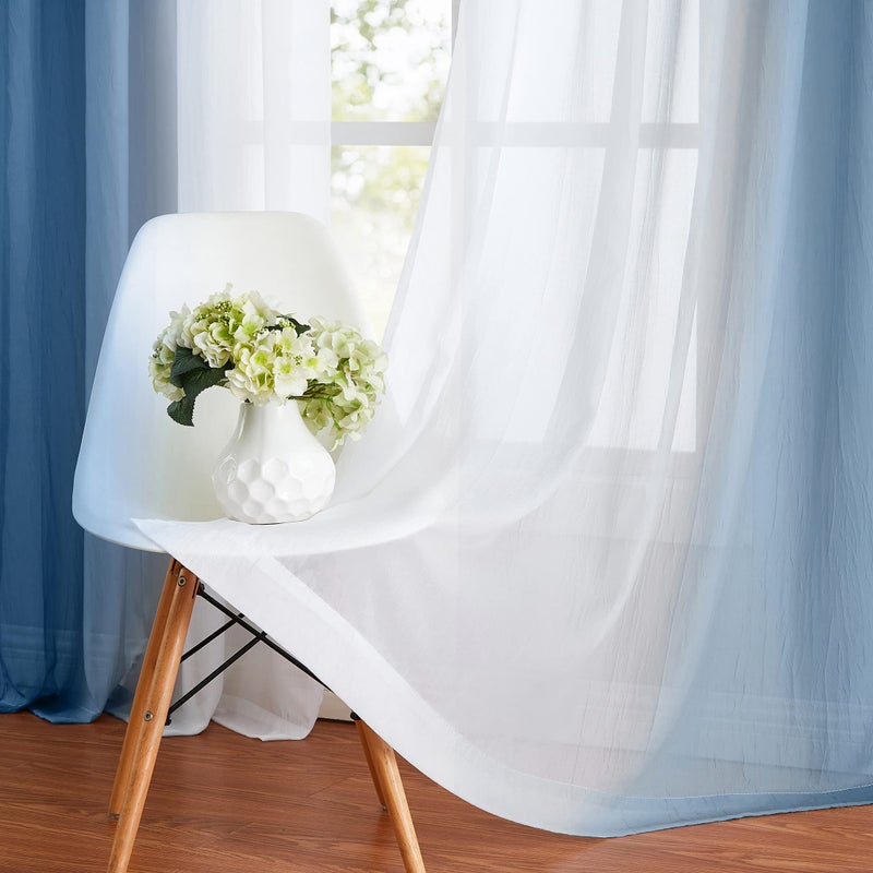 Purainbow Blue Ombre Chiffon Sheer Curtains 84 Inch Long for Living Room Bedroom Decor, Crinkle Gradient Semi Voile Grommet Top Window Curtain Drapes for Girls Room, Garden, Yard, Set of 2 Panels - Image 2