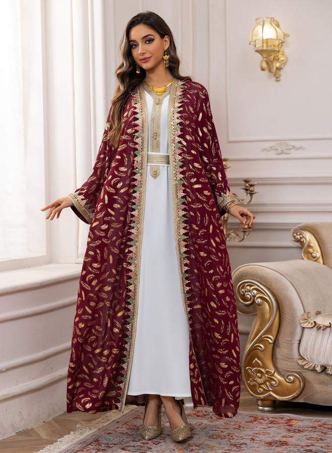 Take Two Burgundy Foil Printed Dress and Abaya Set - Image 2