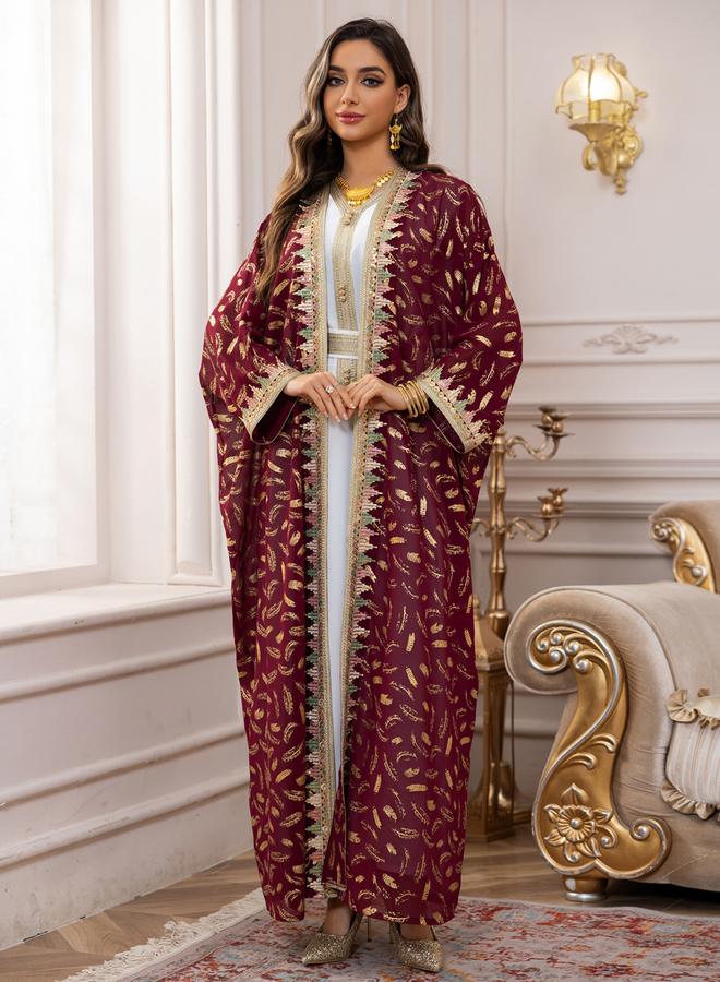 Take Two Burgundy Foil Printed Dress and Abaya Set - Image 3
