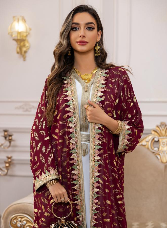 Take Two Burgundy Foil Printed Dress and Abaya Set - Image 5