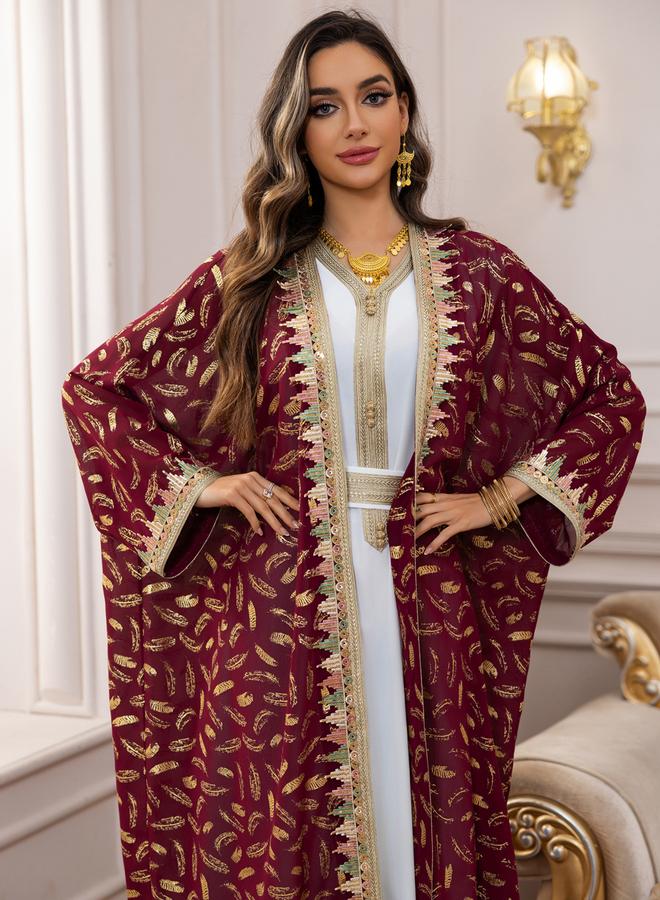 Take Two Burgundy Foil Printed Dress and Abaya Set - Image 4