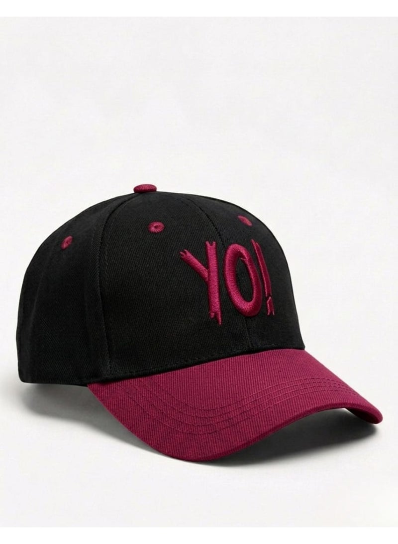 Unisex YOI Embroidered Baseball Cap – Adjustable Cotton Two-Tone Casual Hat with Curved Brim (Black/Pink)