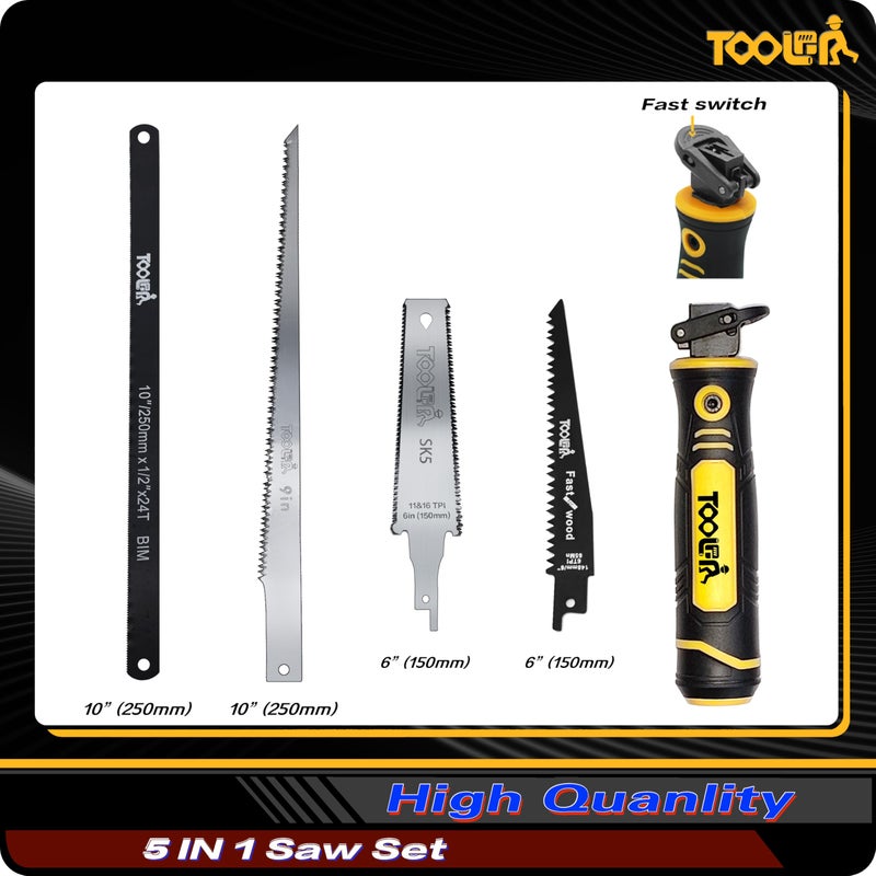 TOOLAN 5-In-1 Multi Blades Hand Saw, 6 Inch(11T/16T) Double Edges Japanese Pull, DrywallSaw, HackSaw, Jab Saw, for Woodworking, Hard/Soft woods cutting, Metal, Blade Quick Change Mechanism. - Image 2