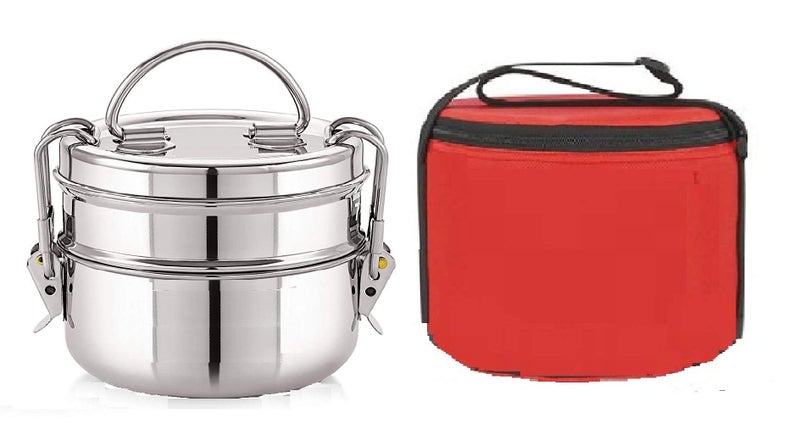 FUTENSILS Manav Stainless Steel Tiffin Box and Hot Puff Bag, Capacity-1120 ml(7X2), Dia-4.5, Leakproof, Heat Resistance. Office Pack - Image 1