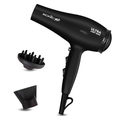 Ikonic Ultralight Professional Hair Dryer 2000 Watts with Nozzle, Diffuser, Hot and Cold Air Feauture, 2 Speed 3 Heat Settings with Cool Shot,Hanging Loop,For both Men and Women, Sutiable for all Hair Types, Black - Image 1
