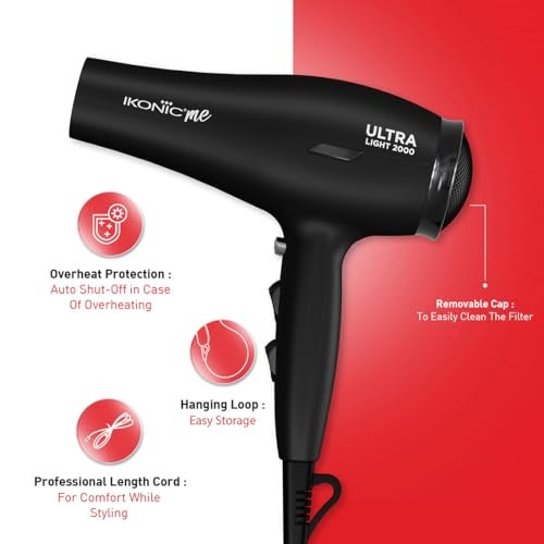 Ikonic Ultralight Professional Hair Dryer 2000 Watts with Nozzle, Diffuser, Hot and Cold Air Feauture, 2 Speed 3 Heat Settings with Cool Shot,Hanging Loop,For both Men and Women, Sutiable for all Hair Types, Black - Image 4
