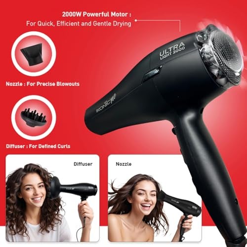Ikonic Ultralight Professional Hair Dryer 2000 Watts with Nozzle, Diffuser, Hot and Cold Air Feauture, 2 Speed 3 Heat Settings with Cool Shot,Hanging Loop,For both Men and Women, Sutiable for all Hair Types, Black - Image 2