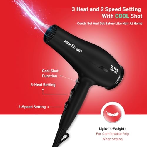Ikonic Ultralight Professional Hair Dryer 2000 Watts with Nozzle, Diffuser, Hot and Cold Air Feauture, 2 Speed 3 Heat Settings with Cool Shot,Hanging Loop,For both Men and Women, Sutiable for all Hair Types, Black - Image 3