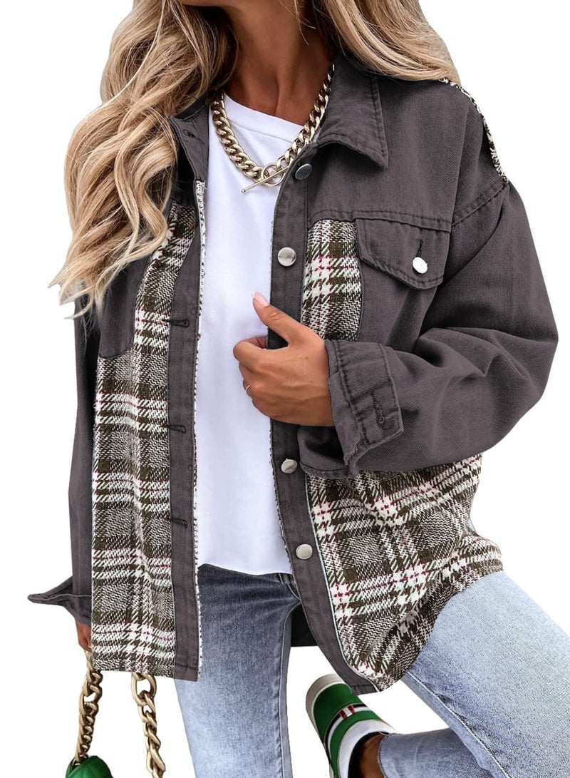 Shein SHEWIN Womens Fall Fashion 2025 Jean Jacket Long Sleeve Cozy Oversized Denim Jacket Button Down Fall Clothes Flannel Denim Outfit for Women Grey XLarge