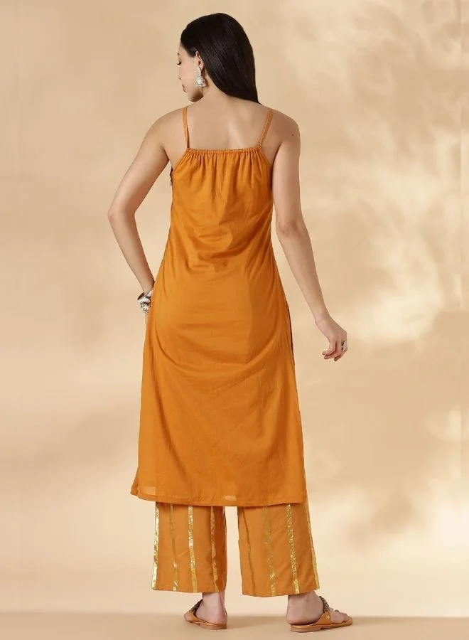 Abhishti Mustard Halterneck Lurex Kurta with Straight Pants